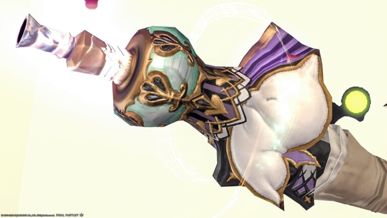 A white mage's glowing cane with cute notes and moogle "Mighty Moggle Mogrod" Lalafell FF14 Blog Norirow Note 30