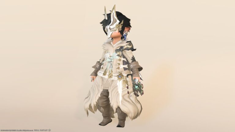 【ミラプリ】キツネ風の毛皮コートでヒーラーの冬の着こなし『白狐道着＆白狐面』 ララフェル FF14ブログ Norirow Note 75