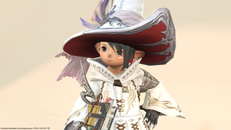 【ミラプリ】可愛いとんがり帽子『デモンズ・ヒーラーハット』をかぶった白の魔道研究者 ララフェル FF14ブログ Norirow Note 39