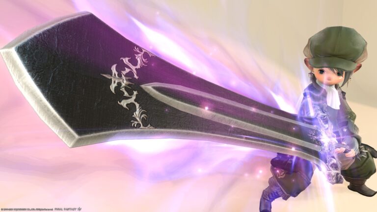Dark Knight Resistance Weapon (RW) Evolution Fourth Form (Fifth Stage) Sword that emits purple light "Augmented Law's Order Zweihander" Lalafell FF14 Blog Norirow Note 39