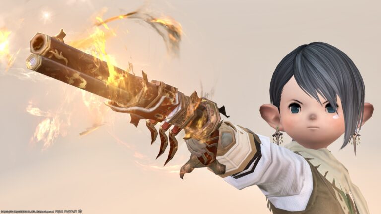 A beautifully shining Machinist gun with Suzaku's feathers, a fashionable revolver wrapped in flames "Suzaku's Flame-kissed Revolver" Lalafell FF14 Blog Norirow Note 44