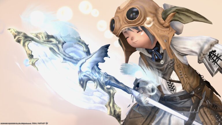 A warrior's glowing axe with beautiful bubbles and feather effects "Endless Expanse Battleaxe" Lalafell FF14 Blog Norirow Note 39