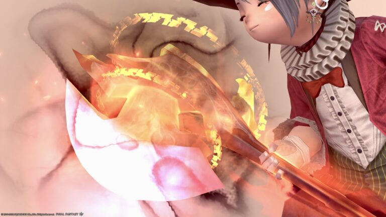 Arbert's glowing axe with magic circles, Warrior Zodiac Weapon (ZW) 6th stage "Bravura Nexus" Lalafell FF14 Blog Norirow Note 31