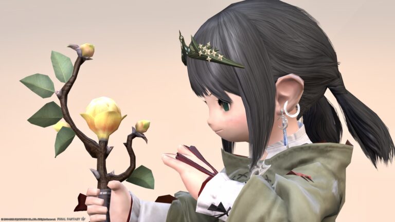 A branch of fragrant olive? A White Mage's one-handed cane with cute yellow buds "Wand of Tremors" Lalafell FF14 Blog Norirow Note 35