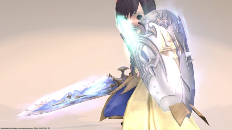 Paladin's Zodiac Weapon (ZW) Second Form, "Curtana & Holy Shield Zenith" with a rainbow-colored aura Lalafell FF14 Blog Norirow Note 40