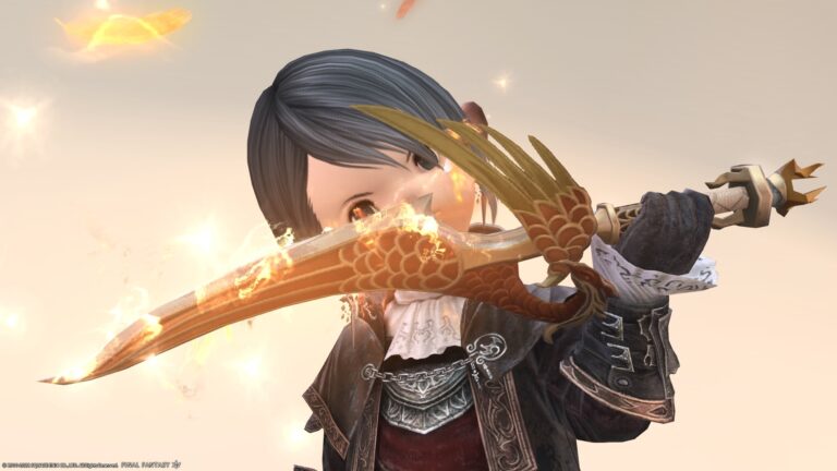 A shining ninja weapon "Suzaku's Flame-kissed Kunai" where the flames of Suzaku swirl and the wings scatter Lalafell FF14 Blog Norirow Note 50