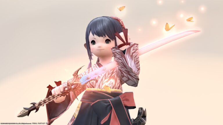 Samurai's shining Ravana weapon with butterflies dancing "Dead Hive Katana" Lalafell FF14 Blog Norirow Note 57