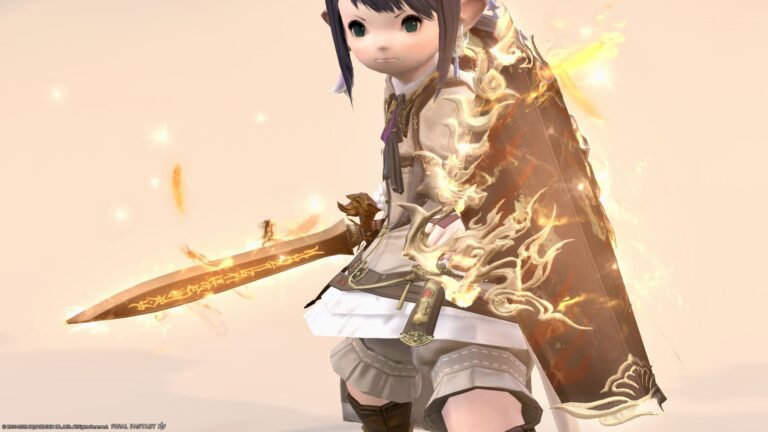 A shining paladin weapon with suzaku wings flying around "Suzaku's Flame-kissed Longsword & Shield" Lalafell FF14 Blog Norirow Note 47