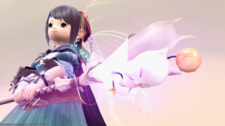 A white mage's glowing cane with cute notes and moogle "Mighty Moggle Mogrod" Lalafell FF14 Blog Norirow Note 38