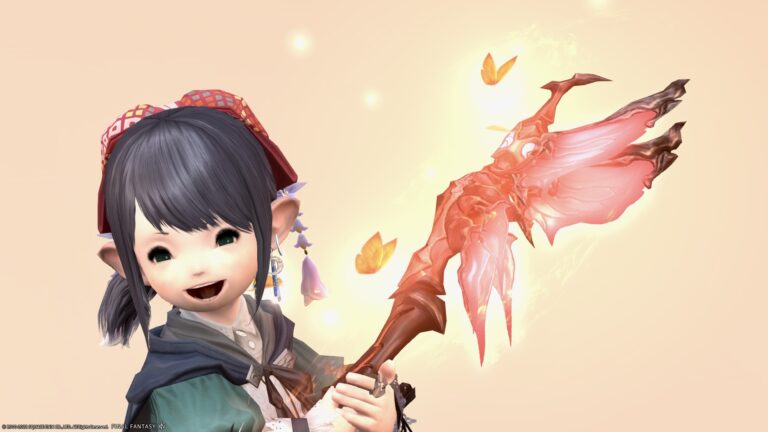 Ravana's glowing wand with butterflies, the weapon of the White Mage "Dead Hive Cane" Lalafell FF14 Blog Norirow Note 39
