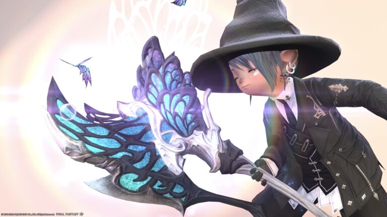 Ultimately cute! Titania's warrior weapon "The Fae's Crown Axe" with butterflies, rainbows and bubbles dancing. Lalafell FF14 Blog Norirow Note 32