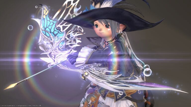 Rainbows, butterflies and bubbles dance. Bard's Titania weapon that shines in three colors "The Fae's Crown Longbow" Lalafell FF14 Blog Norirow Note 37