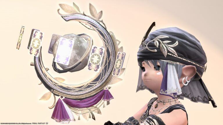 Astrologian's AF5 Weapon - A laurel globe bearing the name of the Moon Goddess "Diana" Lalafell FF14 Blog Norirow Note 39