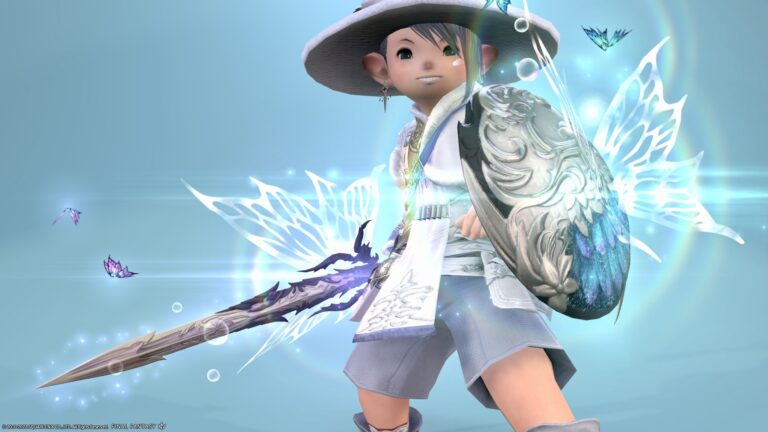 Titania's glowing paladin weapon with butterflies dancing "The Fae's Crown Sword & Shield" Lalafell FF14 Blog Norirow Note 42
