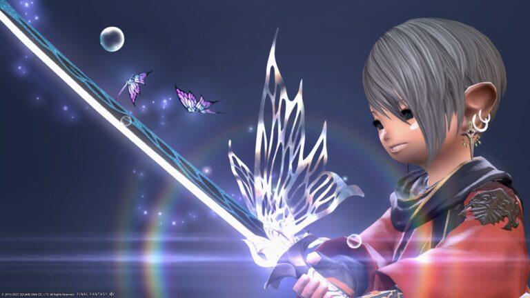 A samurai Titania weapon that shines in three colors with rainbows, soap bubbles and butterflies dancing "The Fae's Crown Katana" Lalafell FF14 Blog Norirow Note 55