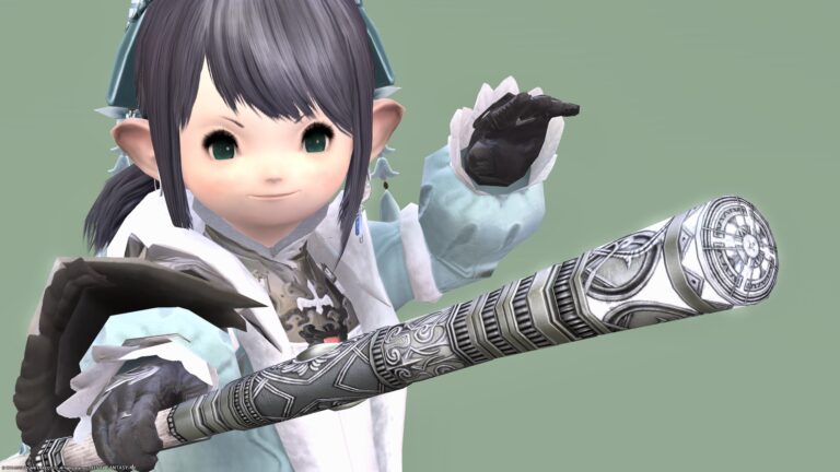 A simple rod-shaped White Mage weapon with beautiful silverwork "Augmented Cryptlurker's Crook". Lalafell FF14 Blog Norirow Note 42