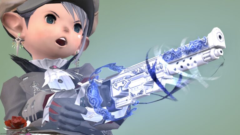 Machinist's Manderville Weapon Stage 2: A small rifle that glows blue "Amazing Manderville Revolver" Lalafell FF14 Blog Norirow Note 30