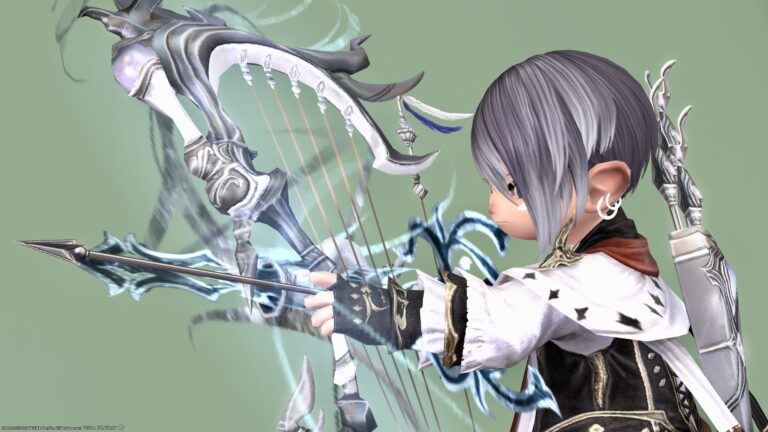 Bard's Manderville Weapon Stage 2: Blue aura glowing arrow "Amazing Manderville Harp Bow" Lalafell FF14 Blog Norirow Note 66