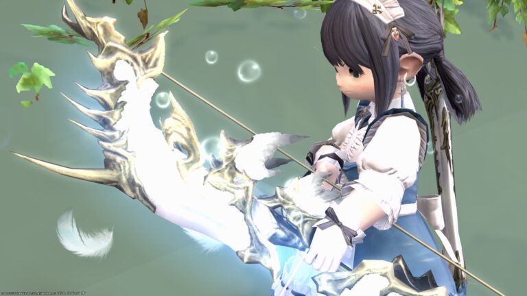 泡と羽根が舞い踊る吟遊詩人の光るビスマルク弓『エクスパンスロングボウ』 ララフェル FF14ブログ Norirow Note 30