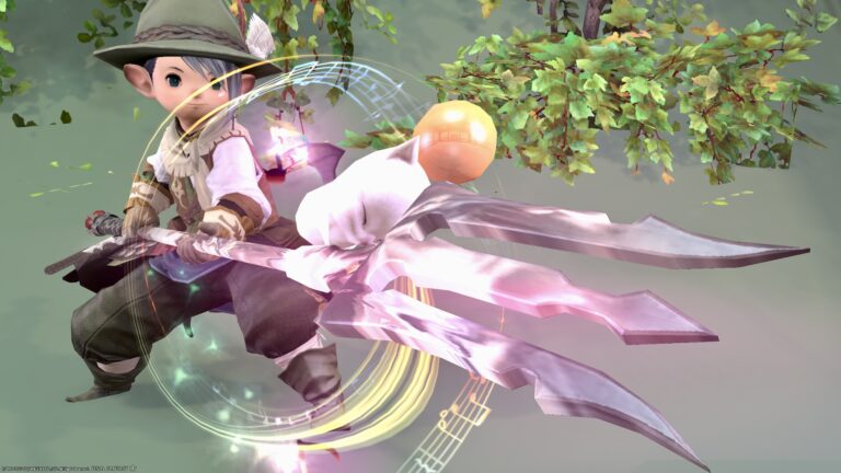 A white mage's glowing cane with cute notes and moogle "Mighty Moggle Mogrod" Lalafell FF14 Blog Norirow Note 28