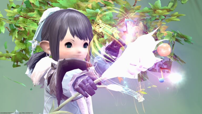 A white mage's glowing cane with cute notes and moogle "Mighty Moggle Mogrod" Lalafell FF14 Blog Norirow Note 26