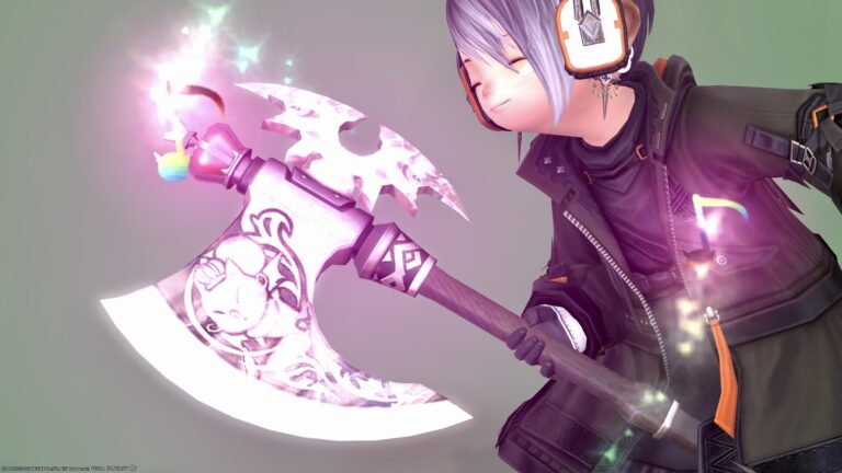 A white mage's glowing cane with cute notes and moogle "Mighty Moggle Mogrod" Lalafell FF14 Blog Norirow Note 29