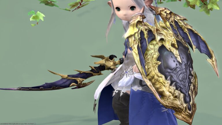 The Binding Coil Of Bahamut's Paladin weapon "Dreadwyrm Blade & Shield" with the wings of The First Brood Lalafell FF14 Blog Norirow Note 32