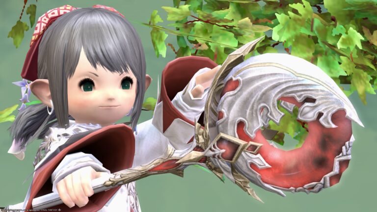 "Tropaios Cane" White Mage weapon shaped like a donut shell that glows faintly Lalafell FF14 Blog Norirow Note 41