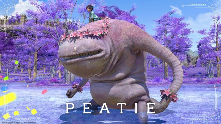 "Peatie" is a pink Goobbue mount with a cute flower crown Lalafell FF14 Blog Norirow Note 33