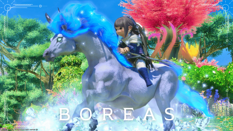 The Akh Afah Amphitheater (Extreme)'s mount, Boreas, is a divine blue horse of the north wind with dancing ice Lalafell FF14 Blog Norirow Note 26