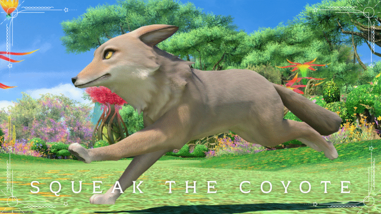 A cute, howling fox minion, "Squeak the Coyote" Lalafell FF14 Blog Norirow Note 28