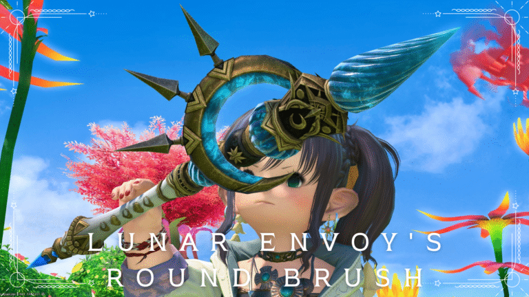 A glass pen with a blue shining crescent moon. Pictomancer Weapon "Lunar Envoy's Round Brush" Lalafell FF14 Blog Norirow Note 56