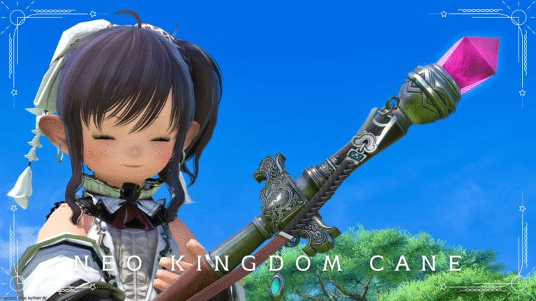An antique cross staff with a large jewel, a White Mage weapon "Neo Kingdom Cane" Lalafell FF14 Blog Norirow Note 42