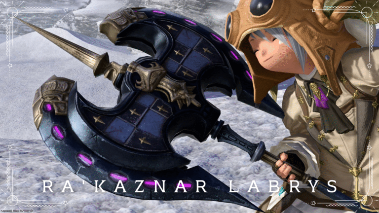 A transformable mechanical axe with a purple glowing checkered flag, Warrior weapon "Ra'Kaznar Labrys" Lalafell FF14 Blog Norirow Note 37