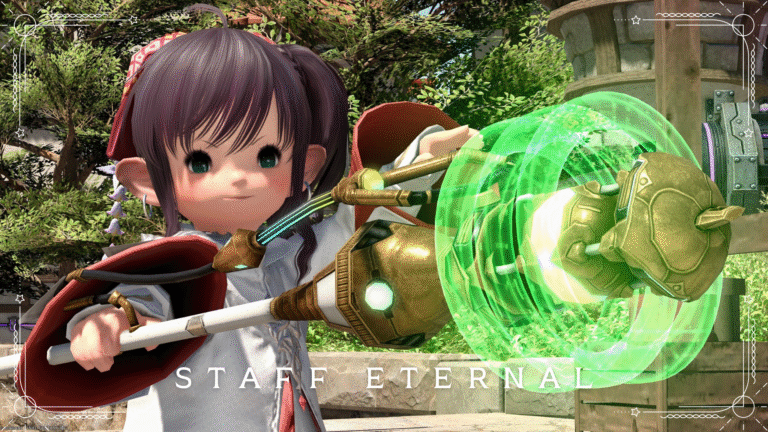 The Minstrel's Ballad: Sphene's Burden's green haloed White Mage electronic weapon, "Staff Eternal" Lalafell FF14 Blog Norirow Note 35