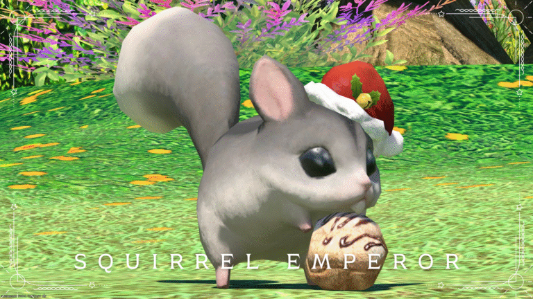A cute Nutkin minion wearing a Santa hat, "Squirrel Emperor" Lalafell FF14 Blog Norirow Note 38