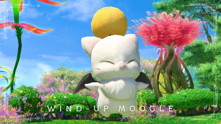 A moogle minion dancing in a circle, "Wind-up Moogle" (a bonus item in the A Realm Reborn CE) Lalafell FF14 Blog Norirow Note 37