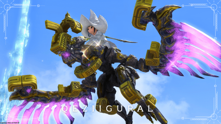 The Golden Ruins Golem Mount "Qeziigural" with purple shining wings (Treasure Map G17) Lalafell FF14 Blog Norirow Note 33