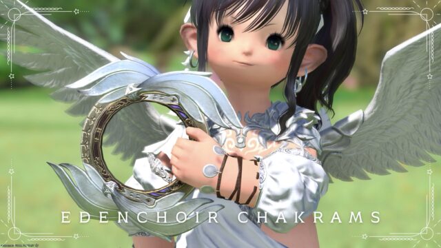 The beautiful Eden Dancer's throwing weapon with angel wings, the Edenchoir Chakrams Lalafell FF14 Blog Norirow Note 14
