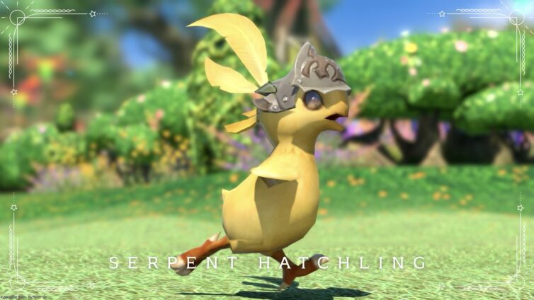 An adorable baby chocobo minion with a yellow feather helmet, "Serpent Hatchling" Lalafell FF14 Blog Norirow Note 20