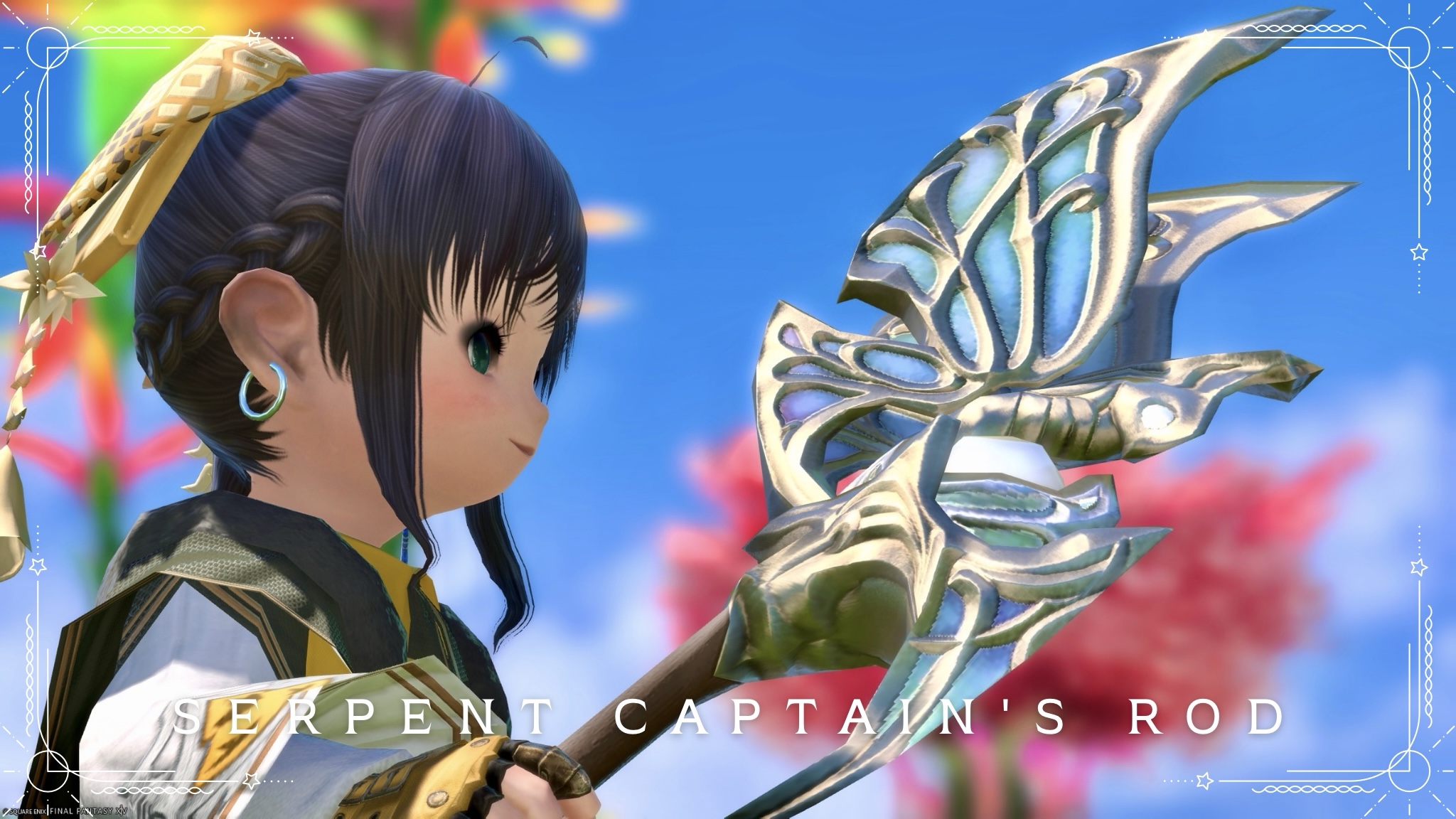 A cute butterfly-shaped rod, the Order of the Twin Adder's Black Mage weapon, the Serpent Captain's Rod Lalafell FF14 Blog Norirow Note 24