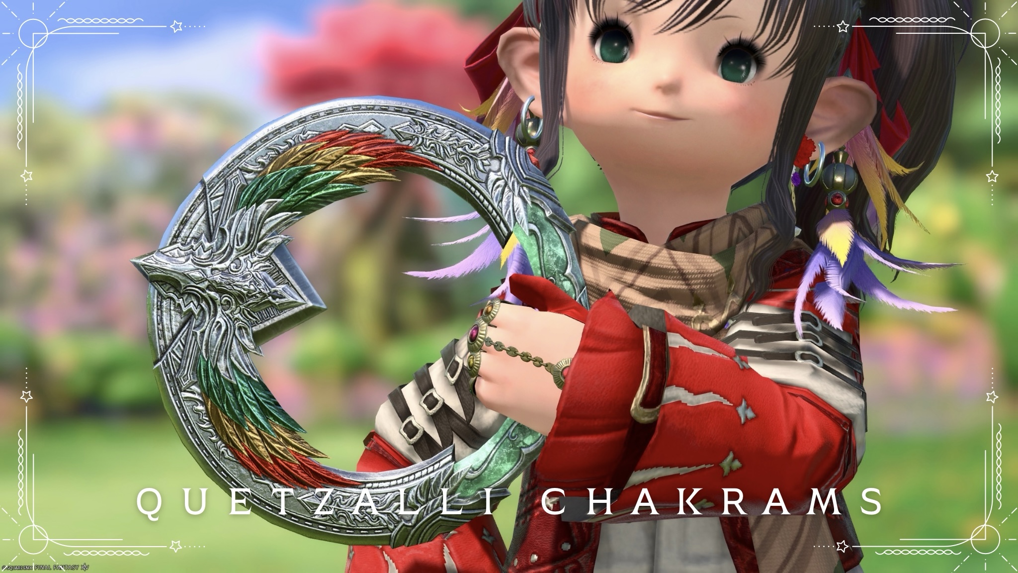 A vibrantly Rasta-colored chakram Dancer throwing weapon, the "Quetzalli Chakrams" Lalafell FF14 Blog Norirow Note 24