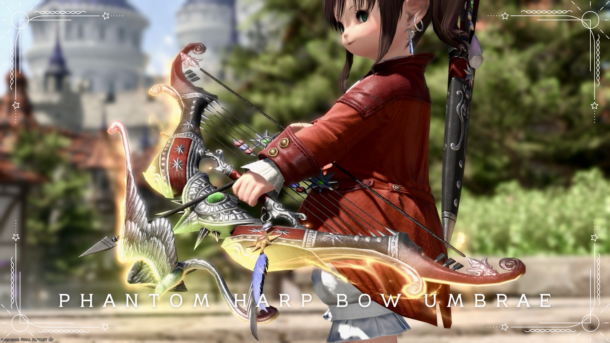 The Bard's Phantom Weapon (PW) second form: The Shining Phoenix Bow, "Phantom Harp Bow Umbrae" Lalafell FF14 Blog Norirow Note 24