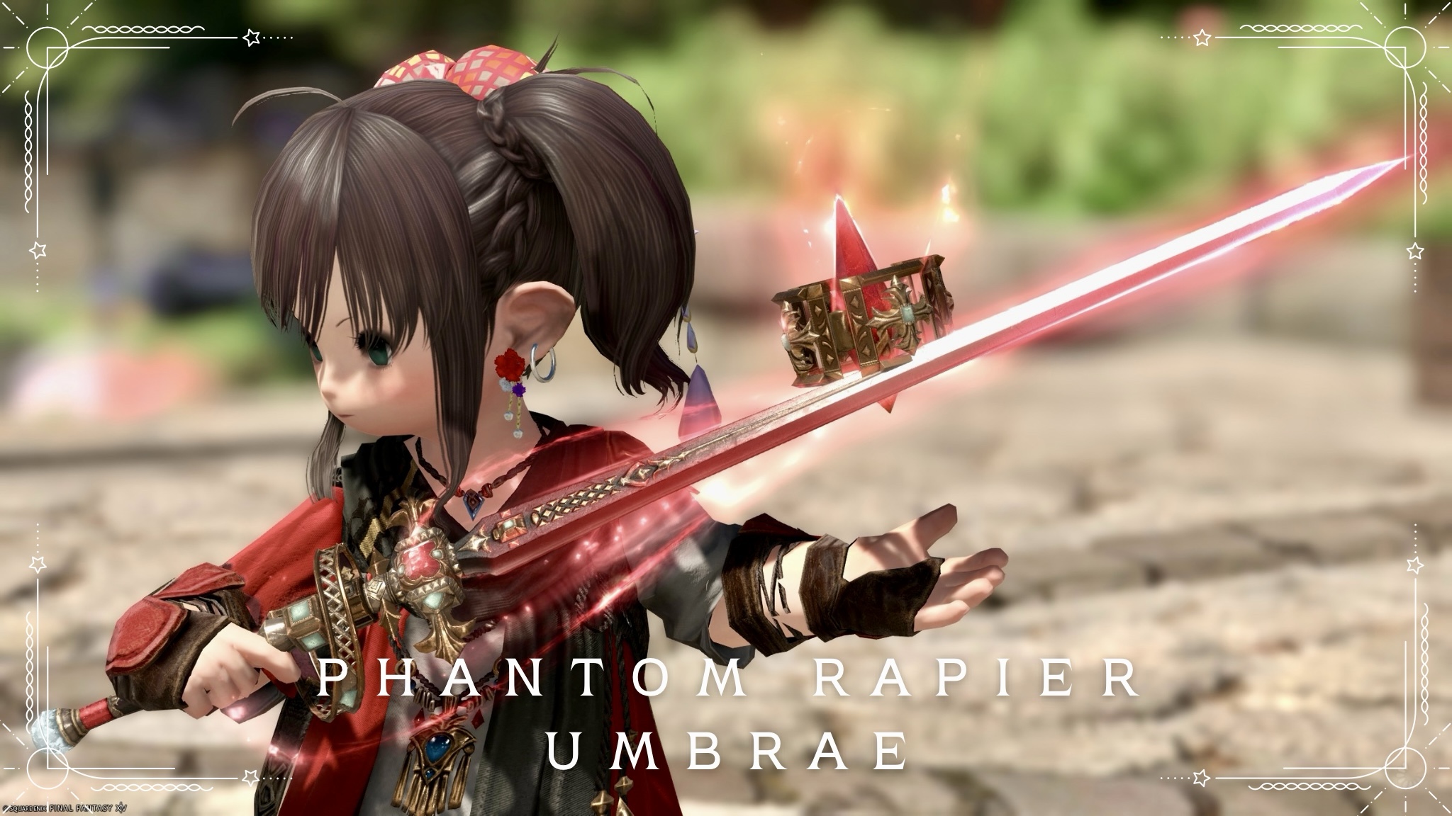 The Red Mage's Phantom Weapon (PW) second form: the gleaming, cross-shaped rapier, "Phantom Rapier Umbrae" Lalafell FF14 Blog Norirow Note 24
