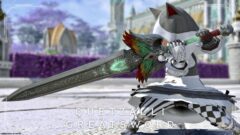 A large sword decorated with a vibrant green jewel and tricolored feathers / Dark Knight weapon "Quetzalli Greatsword" Lalafell FF14 Blog Norirow Note 50