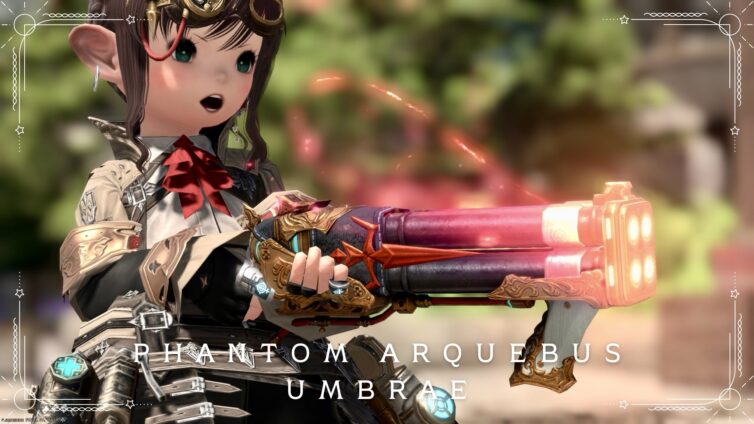 The Machinist's Phantom Weapon (PW) second form: the glowing quad-barrel rocket launcher "Phantom Arquebus Umbrae" Lalafell FF14 Blog Norirow Note 20
