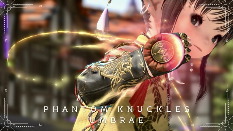 The Monk's Phantom Weapon (PW) second form: the glowing flower-shaped glove, "Phantom Knuckles Umbrae" Lalafell FF14 Blog Norirow Note 32