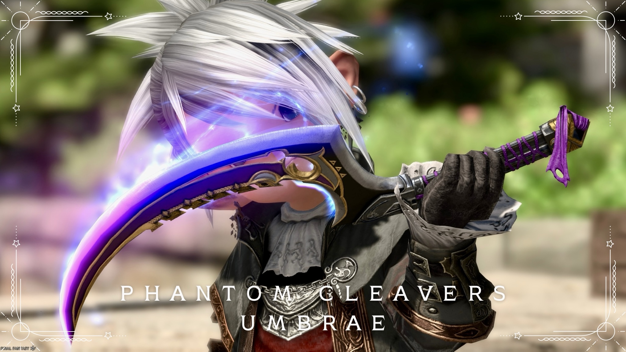 The Ninja's Phantom Weapon (PW) second form: the glowing, rainbow-colored twin scythes, "Phantom Cleavers Umbrae" Lalafell FF14 Blog Norirow Note 24