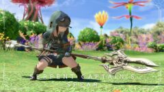 The Order of the Twin Adder's long, two-pronged spear, a Dragoon weapon with a gentle wooden texture, "Serpent Captain's Spear" Lalafell FF14 Blog Norirow Note 48