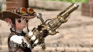 A shining golden antique revolver, the Machinist weapon "Diadochos Revolver" Lalafell FF14 Blog Norirow Note 20